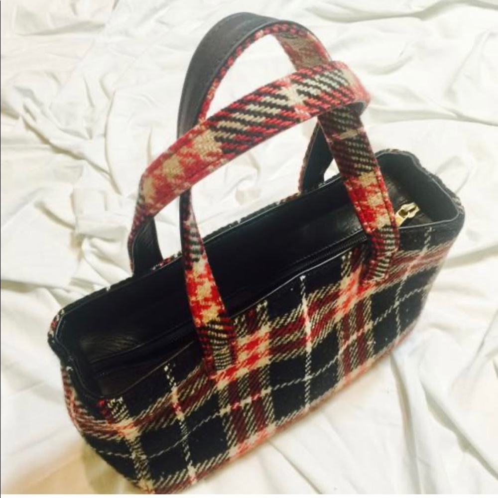 Burberry red wool/black leather hobo handbag